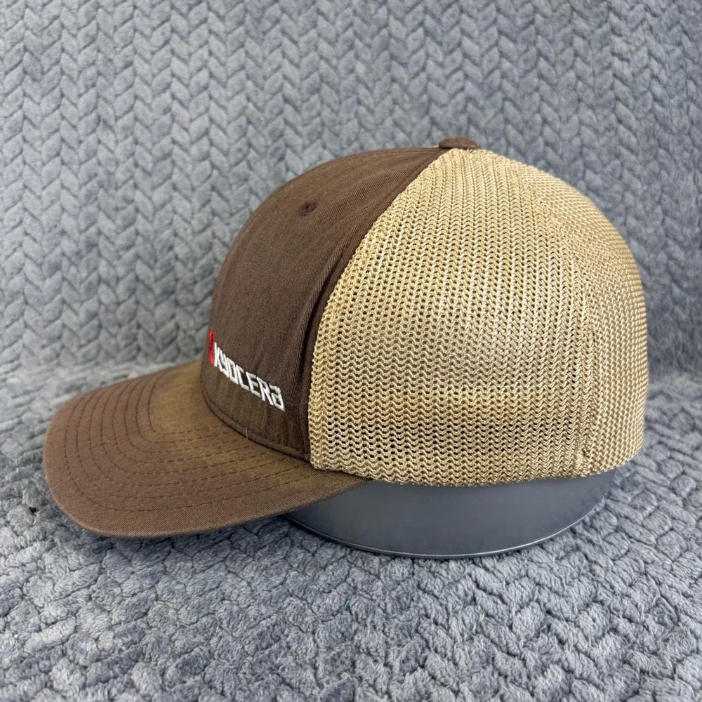 Kyocera Flexfit Mesh Trucker Hat Brown Tan Embroidered Logo Cap 0627